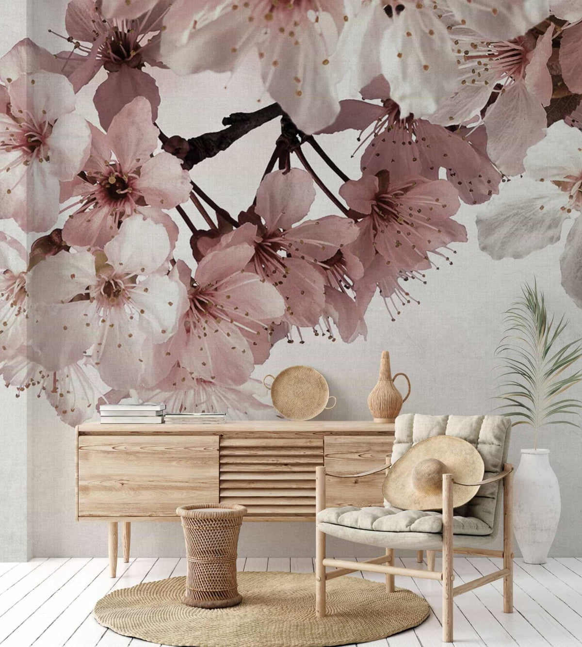 Big Random Flora mural by Coordonné in Pink, shown in a styled room
