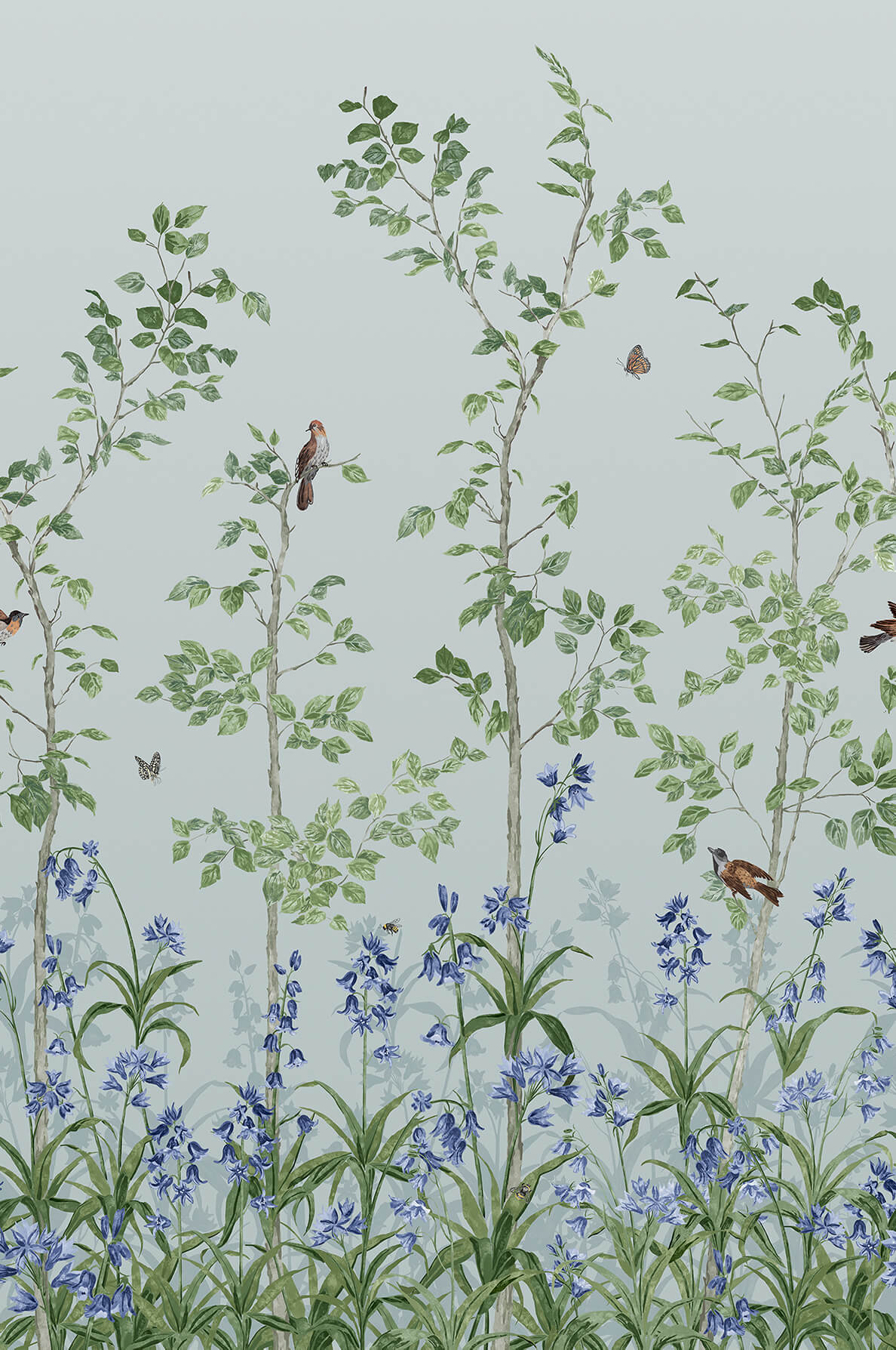 Bird & Bluebell mural by Little Greene in Celestial Blue