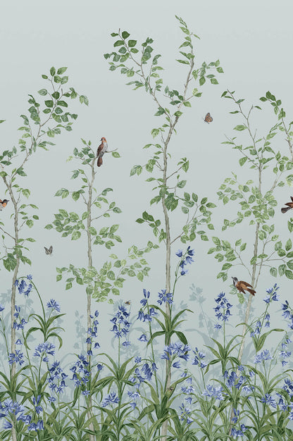 Bird & Bluebell mural by Little Greene in Celestial Blue