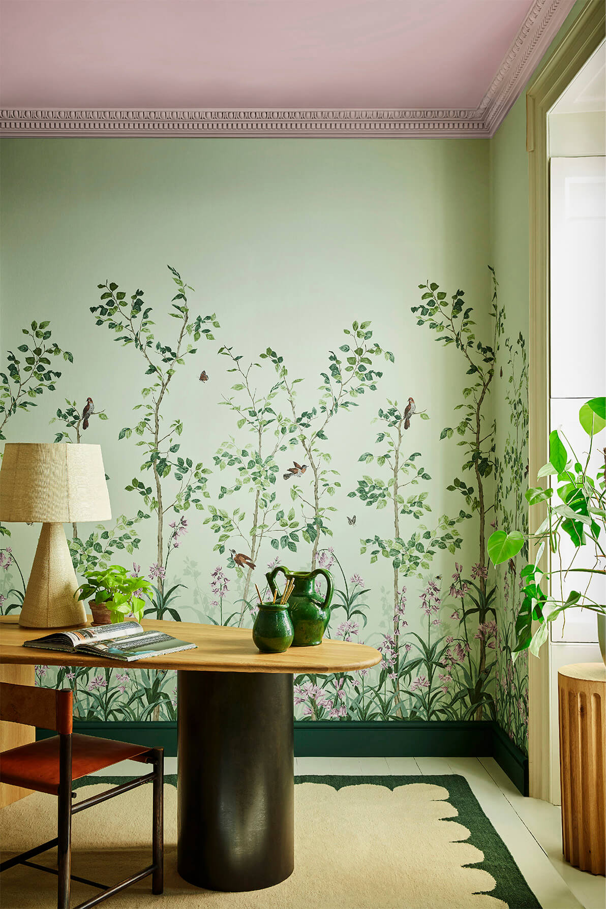 Bird & Bluebell mural by Little Greene in Pea Green