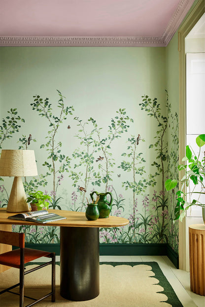 Bird & Bluebell mural by Little Greene in Pea Green