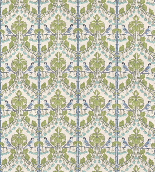 Birds & Cherries Fabric by GP & J Baker Green/Blue