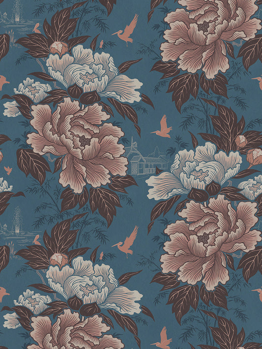 Bloomin' Marvellous Wallpaper by Divine Savages in Belle Blue, pattern swatch