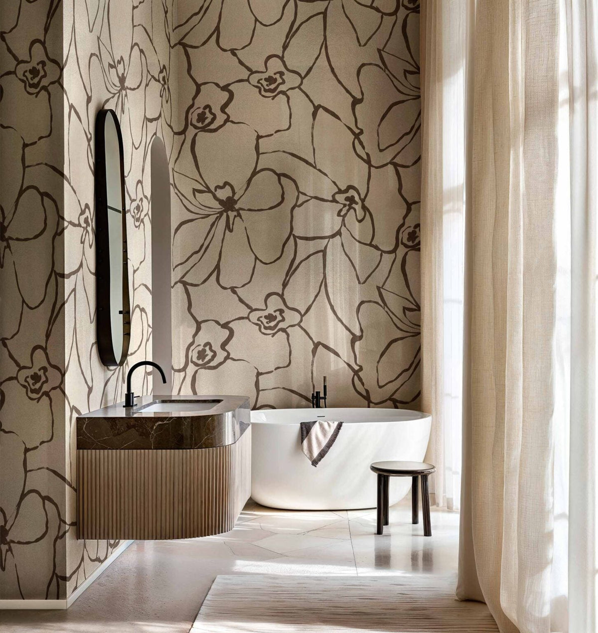 Blooming mural by Coordonné in Copper, shown in a styled room
