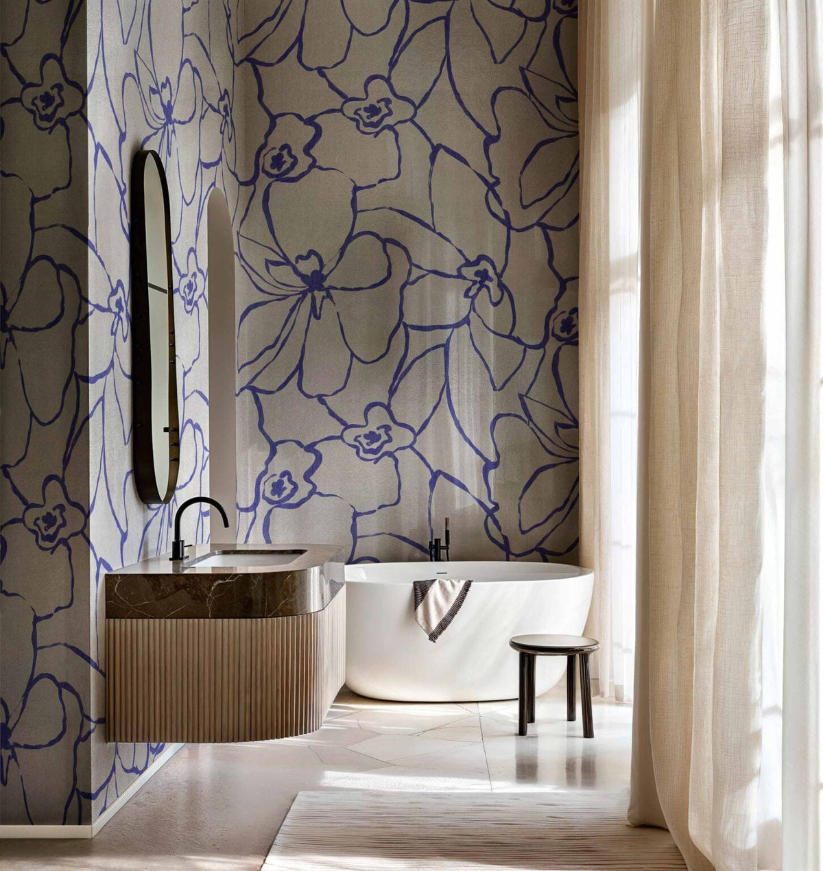 Blooming mural by Coordonné in Silver, shown in a styled room