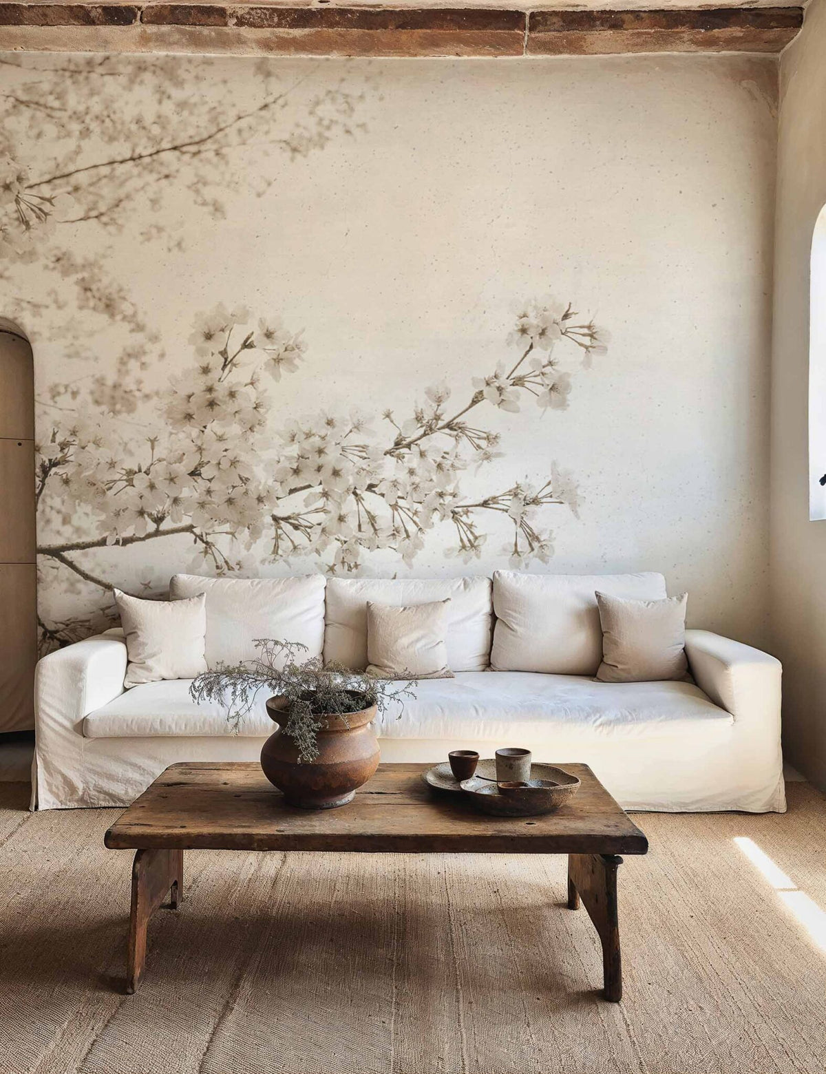 Blossom mural by Coordonné in Almond Tree Grey, shown in a styled room