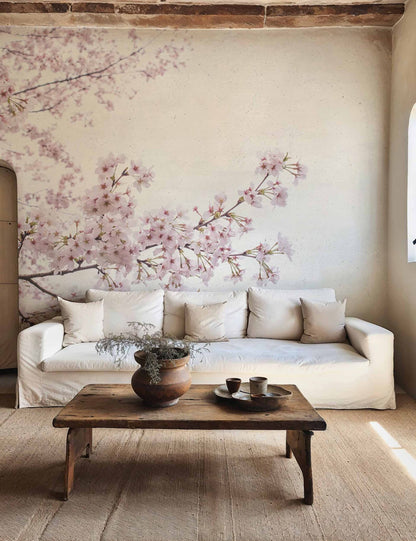 Blossom mural by Coordonné in Almond Tree Pink, shown in a styled room