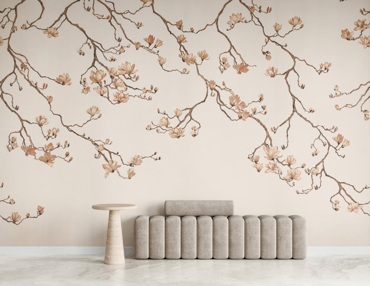 Blossom Mural by Phillip Jeffries in Bare Blush, shown installed in a room setting