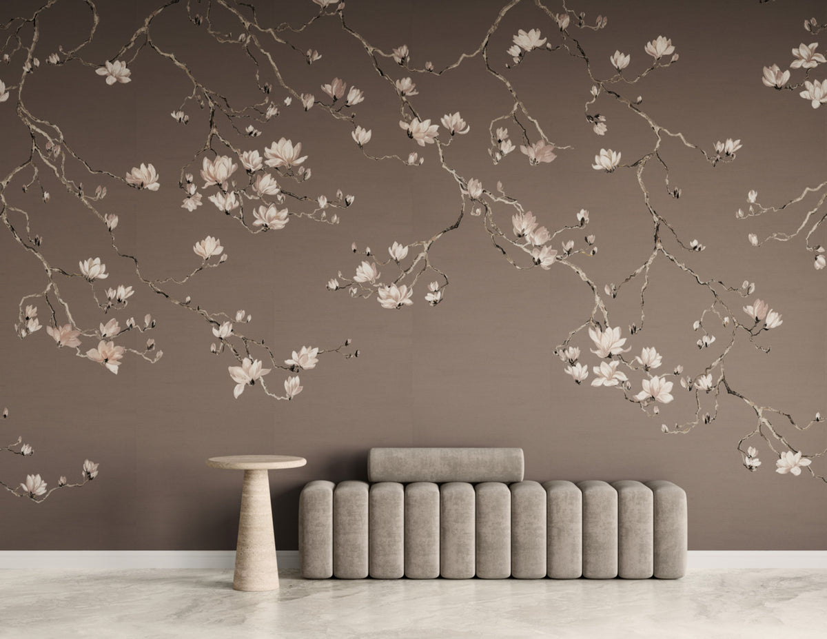 Blossom Mural by Phillip Jeffries in Blush Mauve, shown installed in a room setting