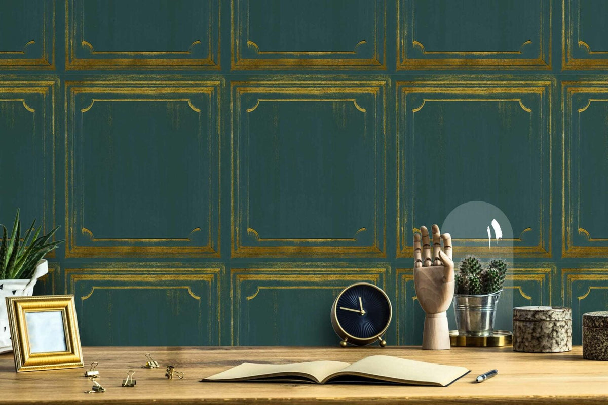 Boiserie wallpaper by Coordonné in Aloe, shown in a styled room