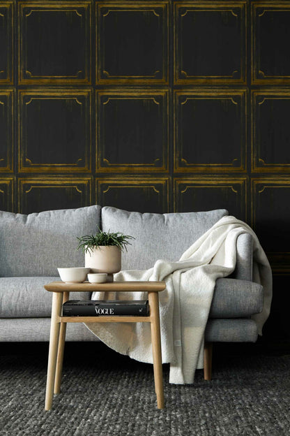 Boiserie wallpaper by Coordonné in Coal, shown in a styled room
