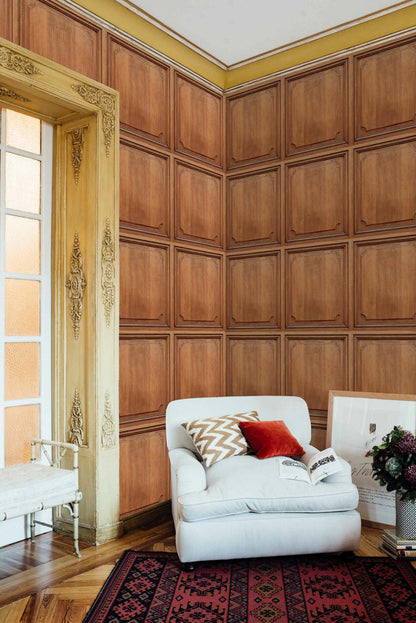 Boiserie wallpaper by Coordonné in Goji, shown in a styled room