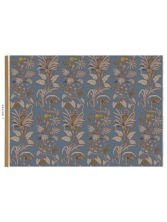 Botanize Heritage Linen Fabric by Divine Savages in Whale Blue, pattern swatch