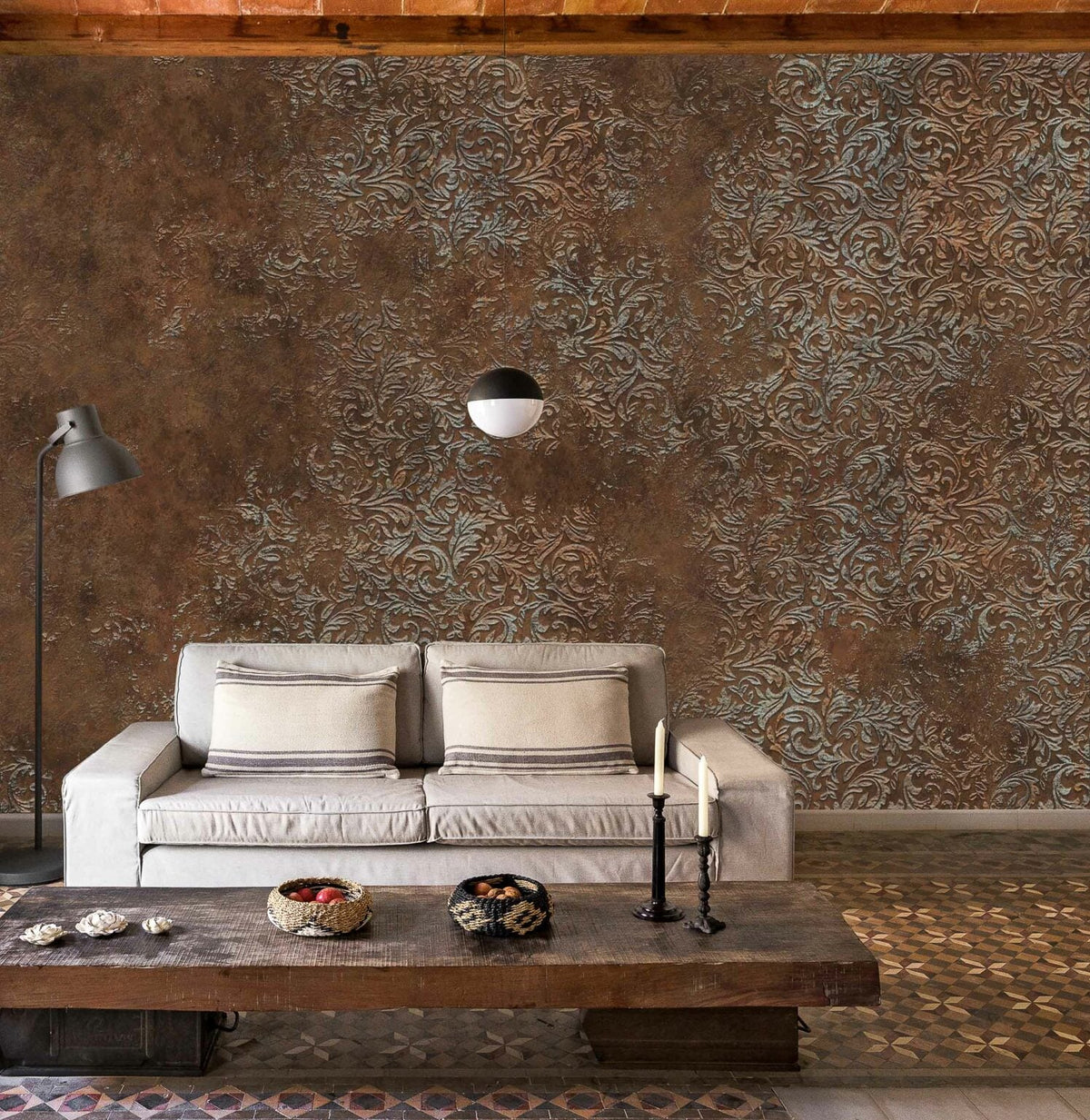 Brocade mural by Coordonné in Copper, shown in a styled room