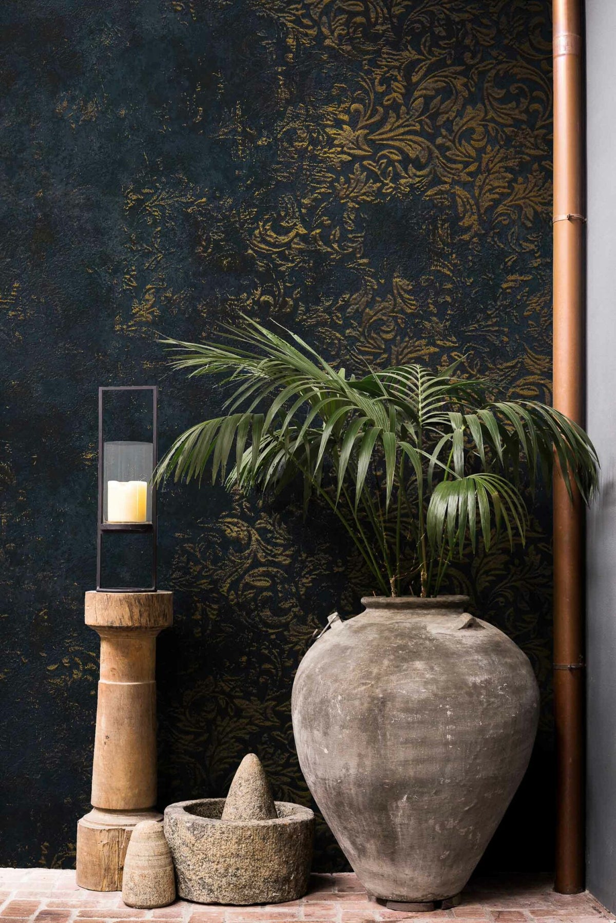 Brocade mural by Coordonné in Gold, shown in a styled room