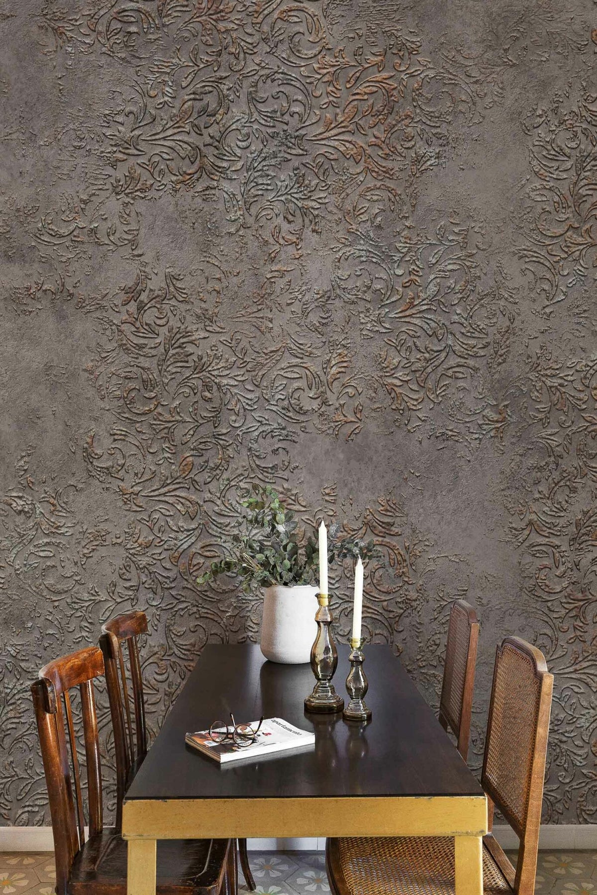Brocade mural by Coordonné in Silver, shown in a styled room