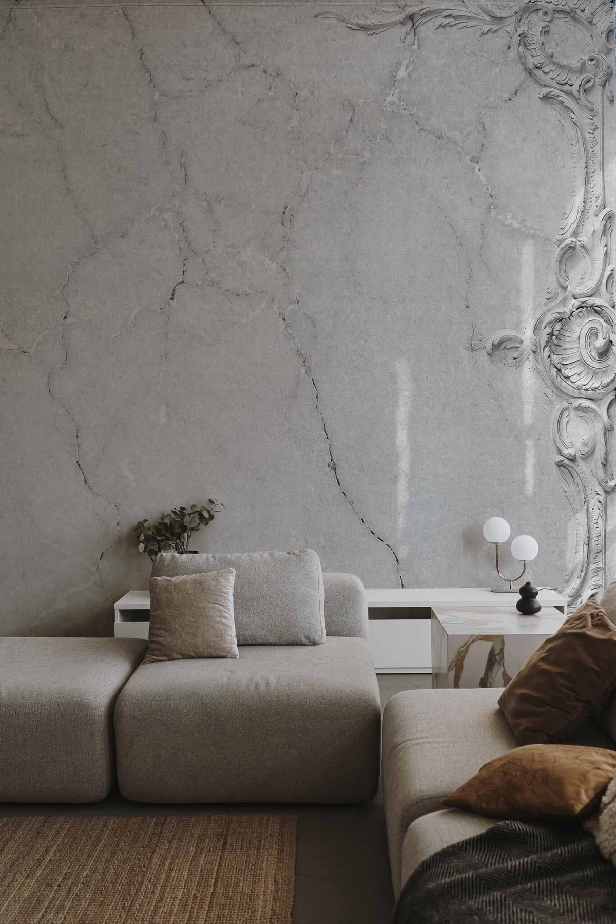 Broken mural by Coordonné in Ceiling Grey, shown in a styled room