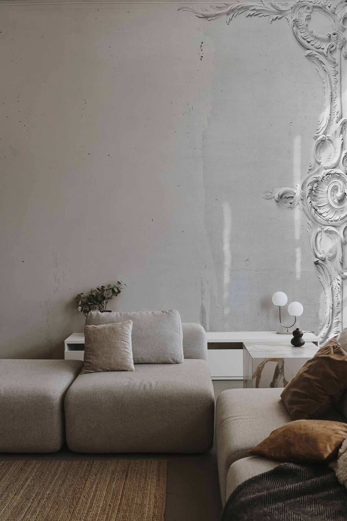 Broken mural by Coordonné in Ceiling White, shown in a styled room
