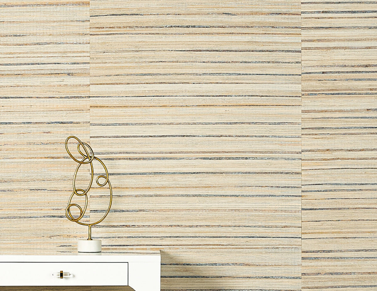 Bungalow Bark Grasscloth Wallpaper by Phillip Jeffries in Cedar Ash, shown installed in a room setting