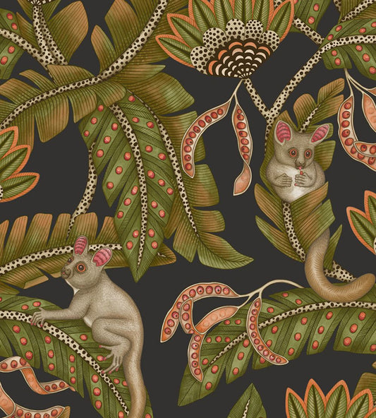 Bush Baby Wallpaper by Cole & Son Spring Green & Orange on Black