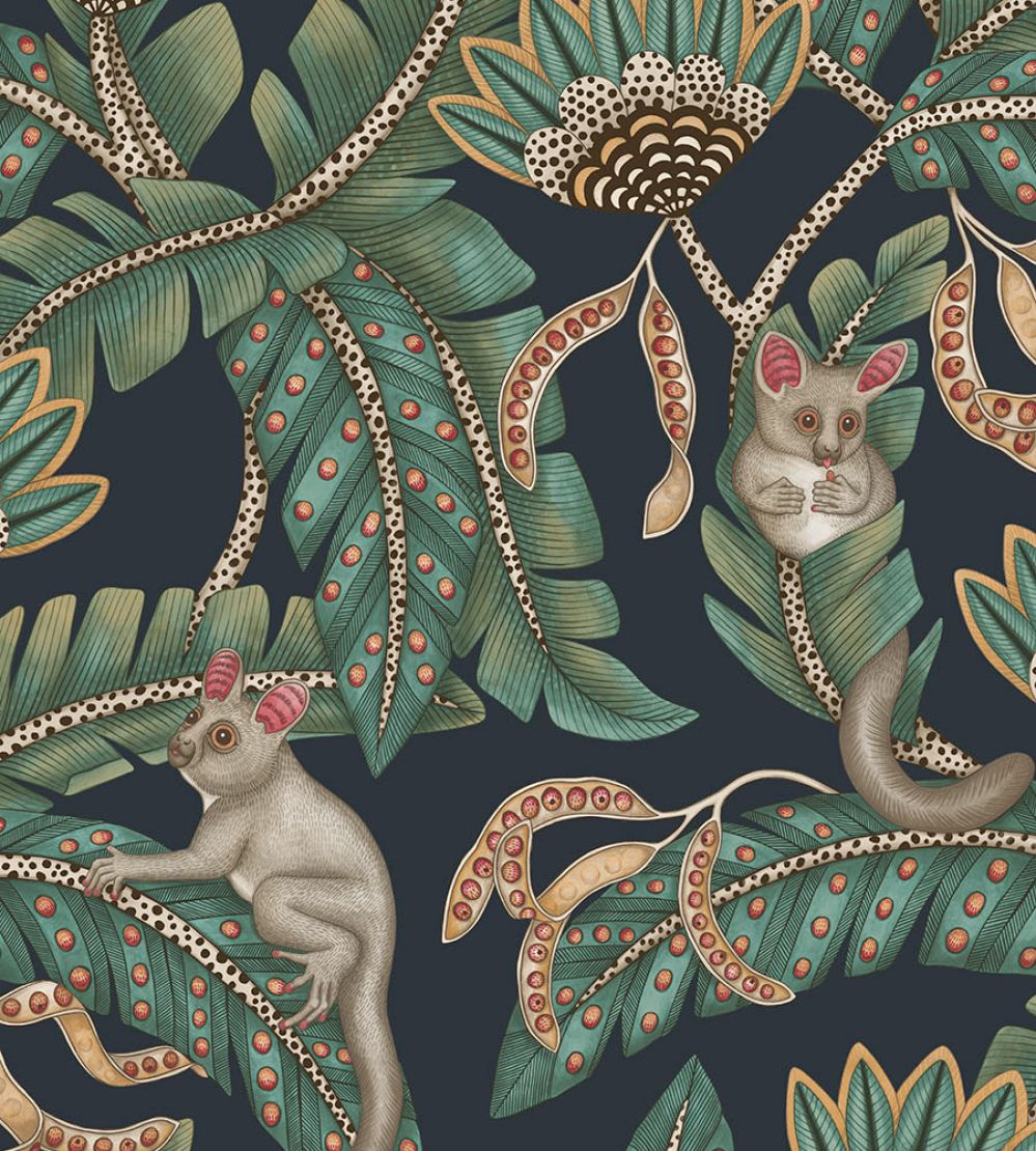 Bush Baby Wallpaper by Cole & Son Teal & Ochre on Ink