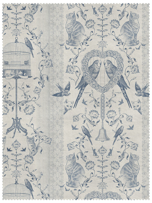 Bye Bye Birdie! Linen Fabric by Divine Savages in Delft, pattern swatch