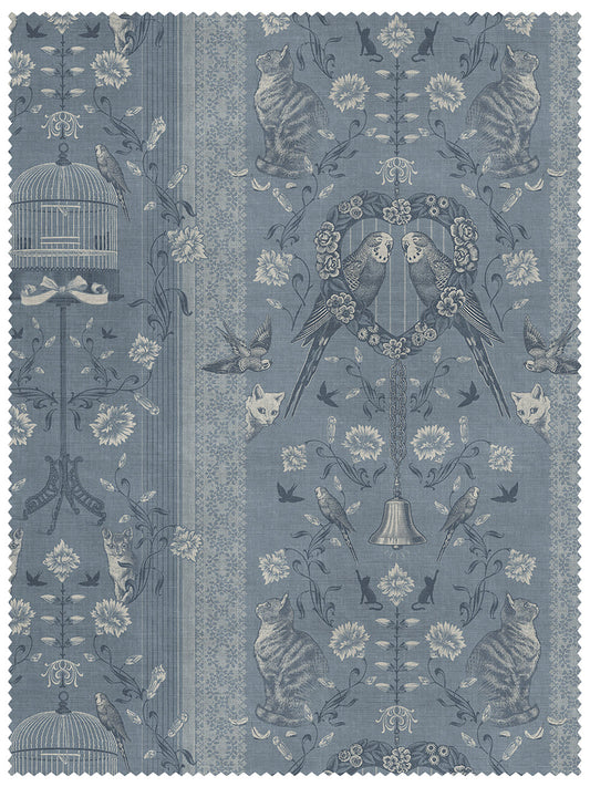 Bye Bye Birdie! Linen Fabric by Divine Savages in French Blue, pattern swatch