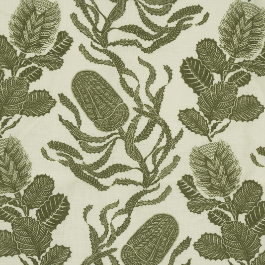 Cape Botanical Printed Linen Fabric by Volga Linen in Botanical Green/Oyster