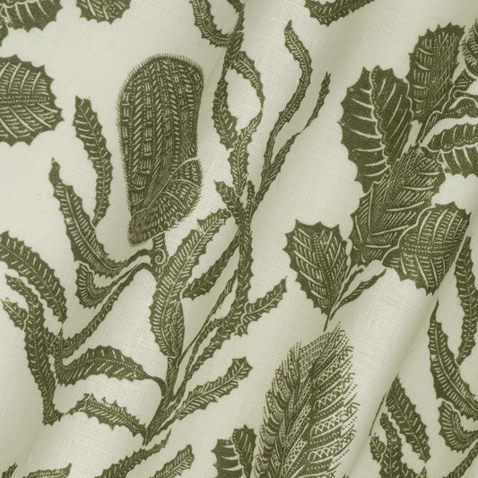 Cape Botanical Printed Linen Fabric by Volga Linen in Botanical Green/Oyster, styled view 1