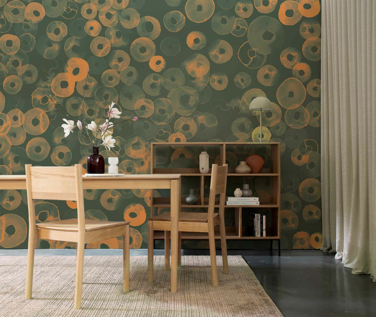 Cellular Patterns mural by Coordonné in Amber, shown in a styled room