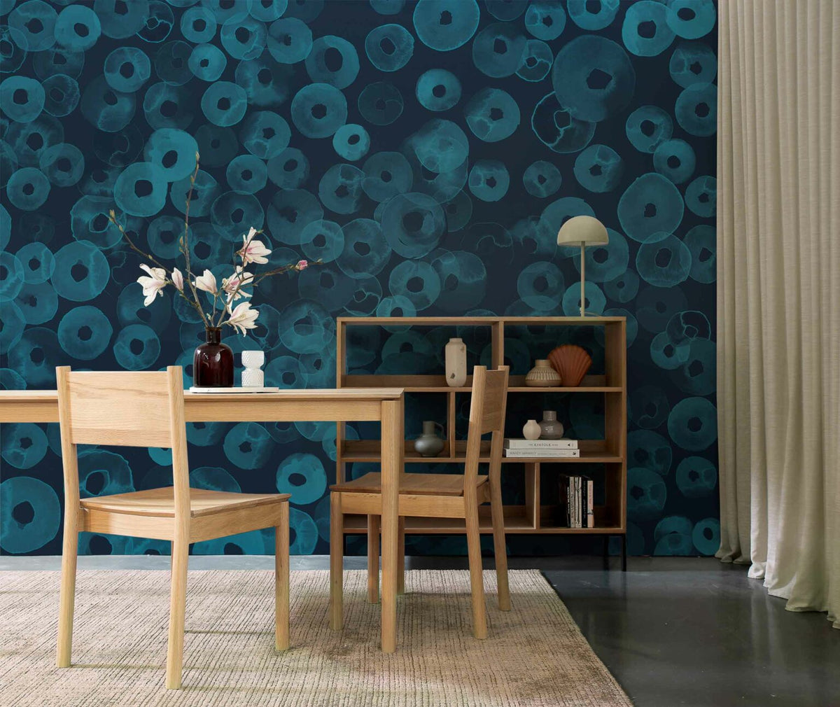 Cellular Patterns mural by Coordonné in Sapphire, shown in a styled room