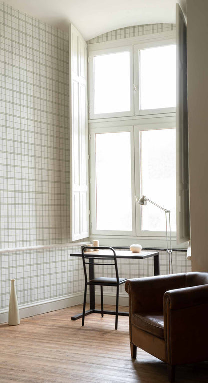 Check 7 wallpaper by Coordonné in Matcha, shown in a styled room