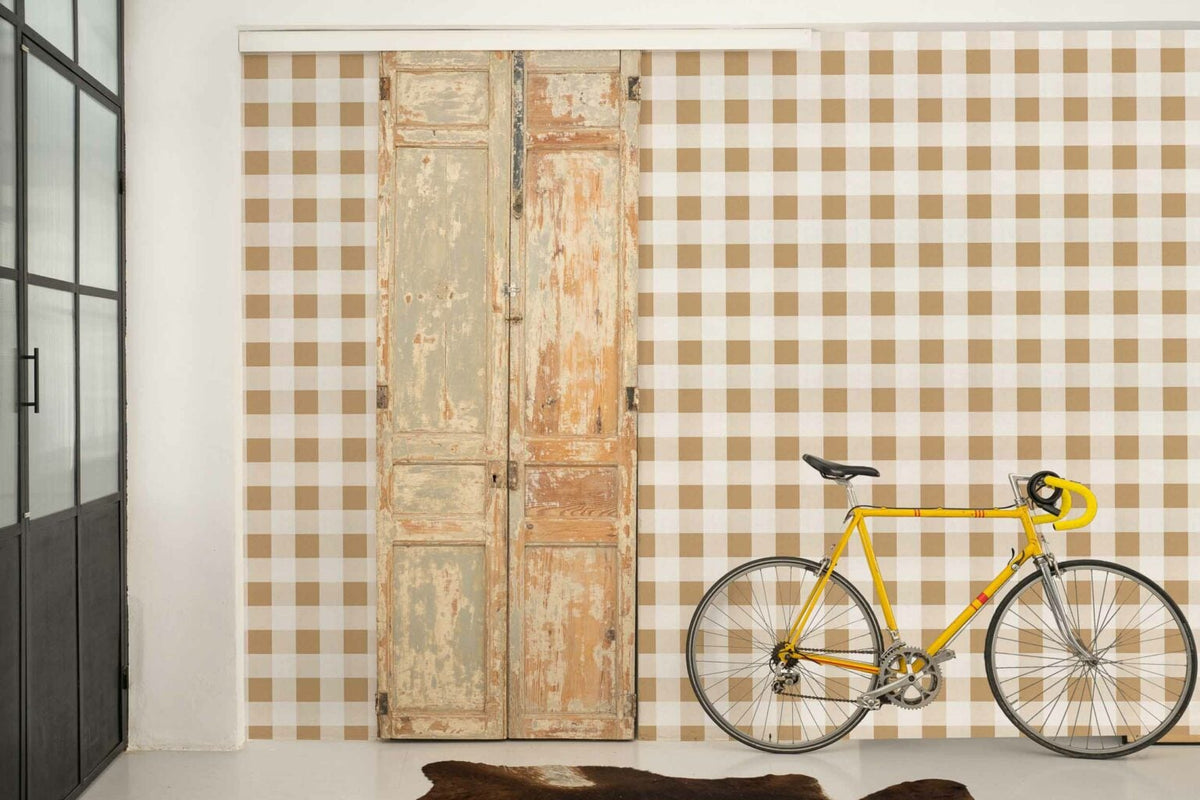 Check 8 wallpaper by Coordonné in Curry, shown in a styled room