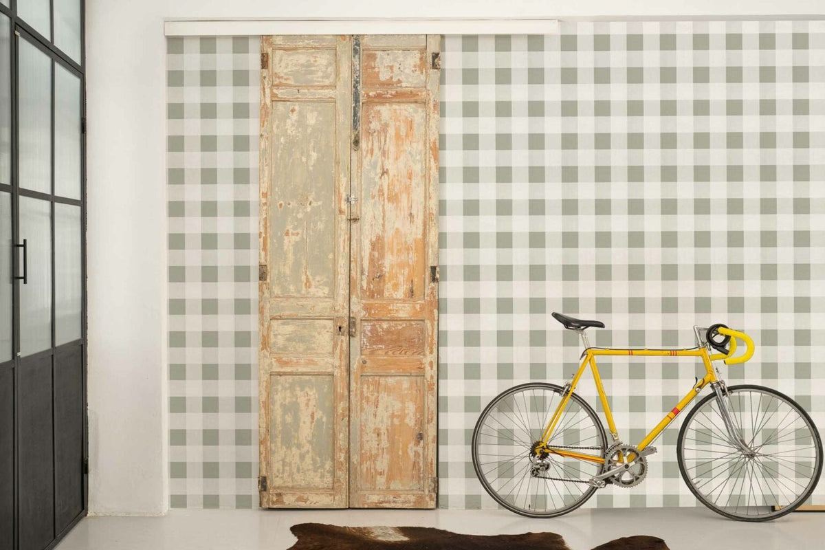 Check 8 wallpaper by Coordonné in Matcha, shown in a styled room