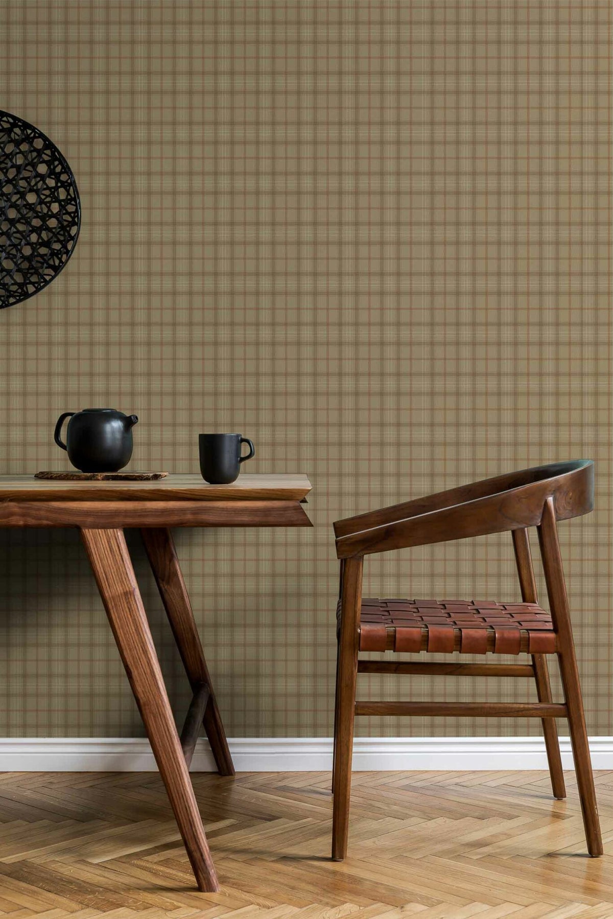 Check wallpaper by Coordonné in Brown, shown in a styled room