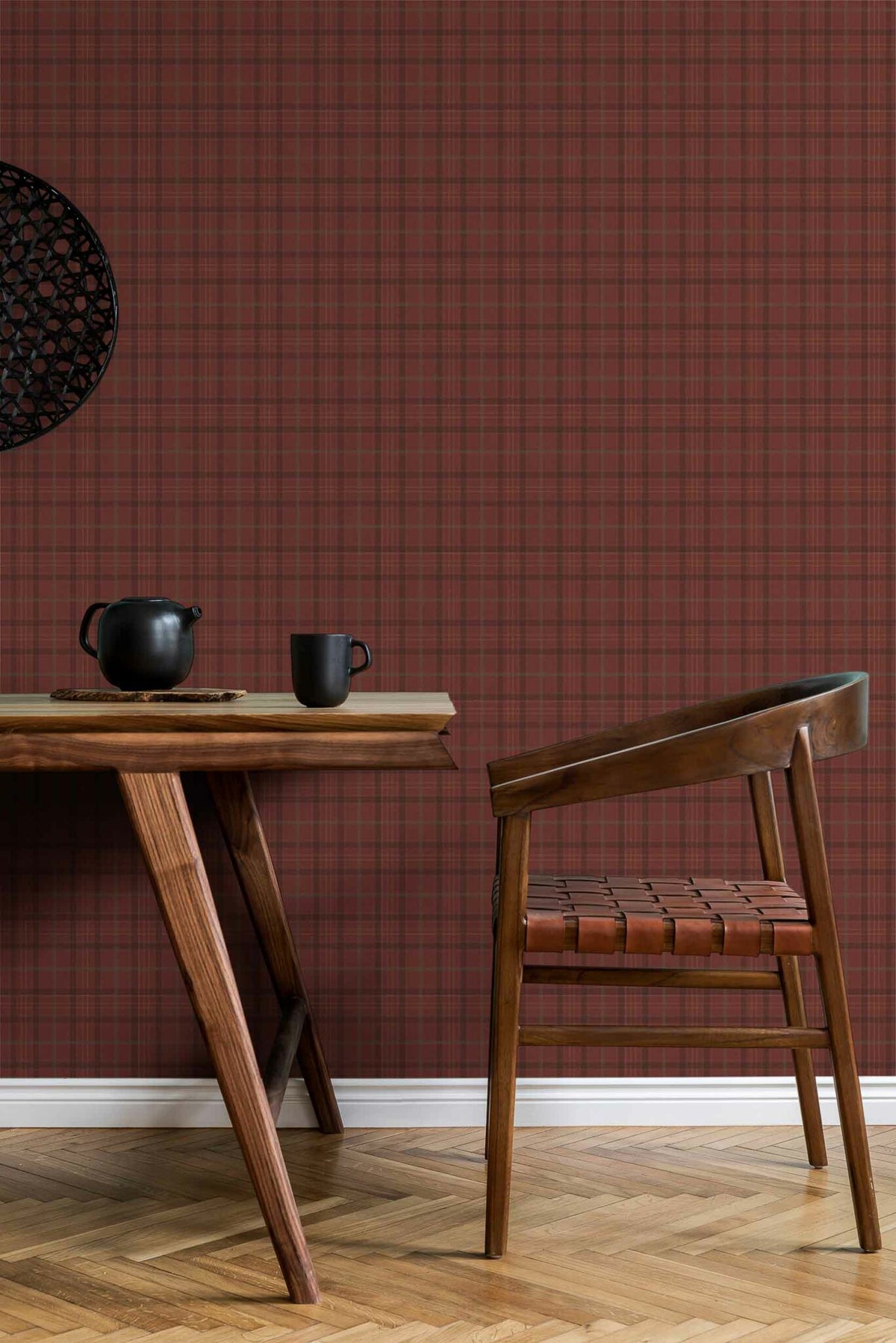Check wallpaper by Coordonné in Burgundy, shown in a styled room
