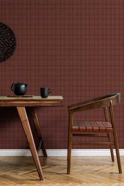 Check wallpaper by Coordonné in Burgundy, shown in a styled room