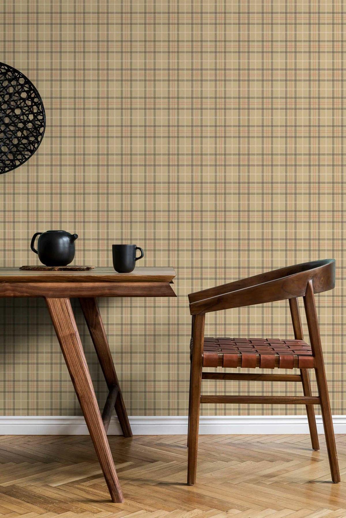 Check wallpaper by Coordonné in Camel, shown in a styled room