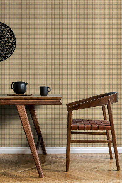 Check wallpaper by Coordonné in Camel, shown in a styled room