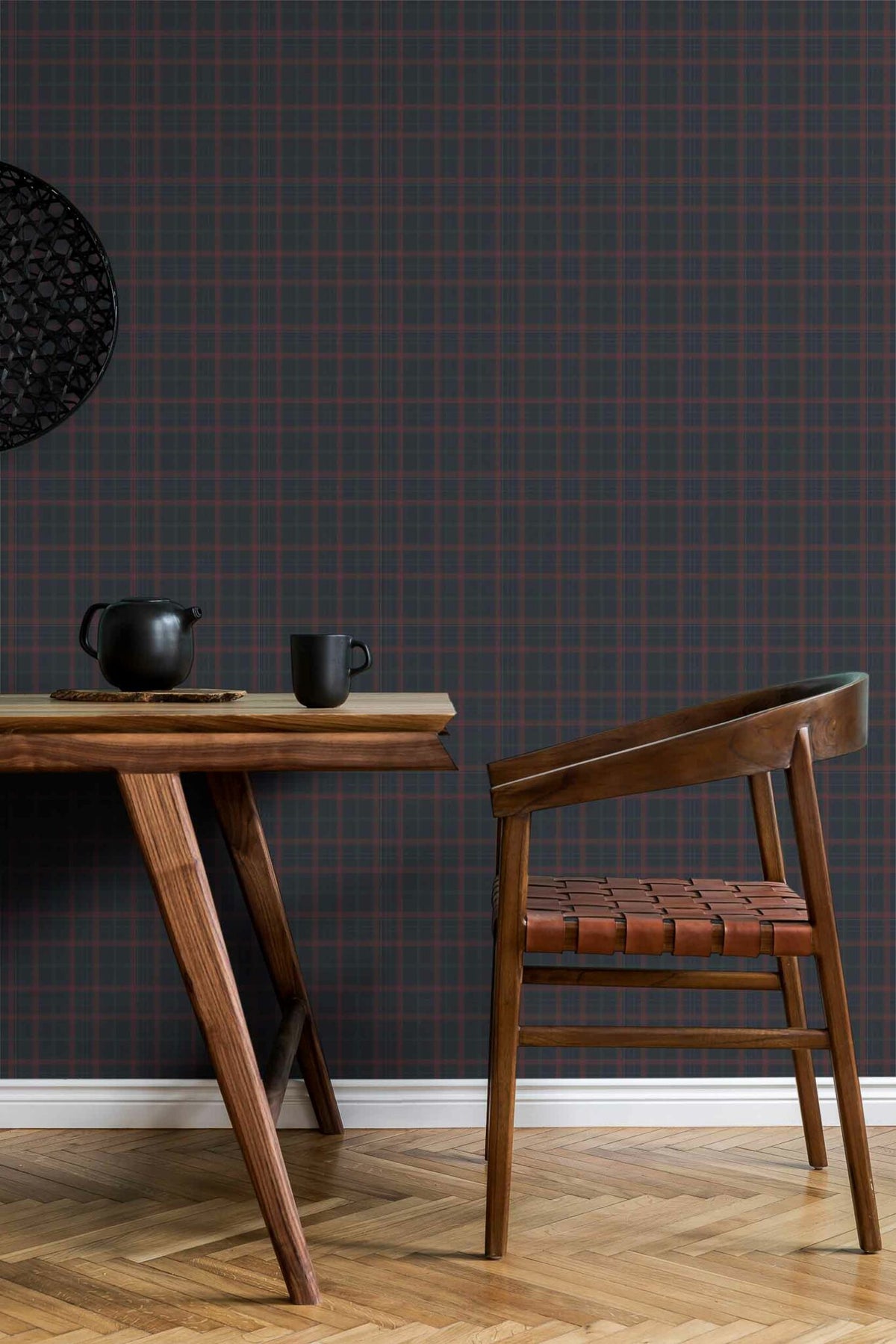 Check wallpaper by Coordonné in Cobalt, shown in a styled room