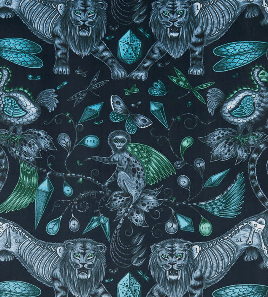 Emma J Shipley Extinct Velvet Fabric by Clarke & Clarke Navy