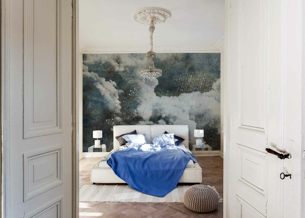 Clouds mural by Coordonné in Night, shown in a styled room
