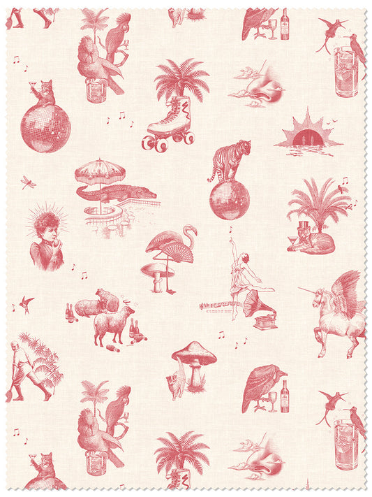 Club Tropikana Linen Fabric by Divine Savages in Cherry Bomb, pattern swatch