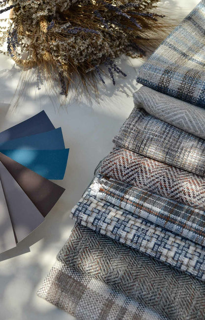 Coat fabric by Coordonné in Ice, shown in a styled room