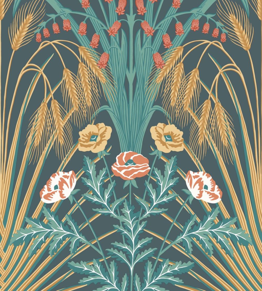 Bluebell Wallpaper by Cole & Son Teal,  Gold & Coral on Petrol