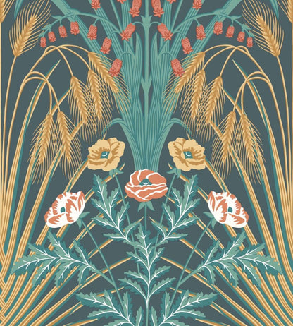 Bluebell Wallpaper by Cole & Son Teal,  Gold & Coral on Petrol