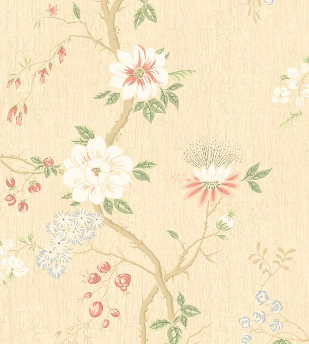 Camellia Wallpaper by Cole & Son Coral & Sage on Buttercup