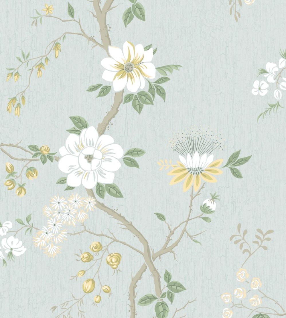 Camellia Wallpaper by Cole & Son Lemon & Sage on Print Room Blue