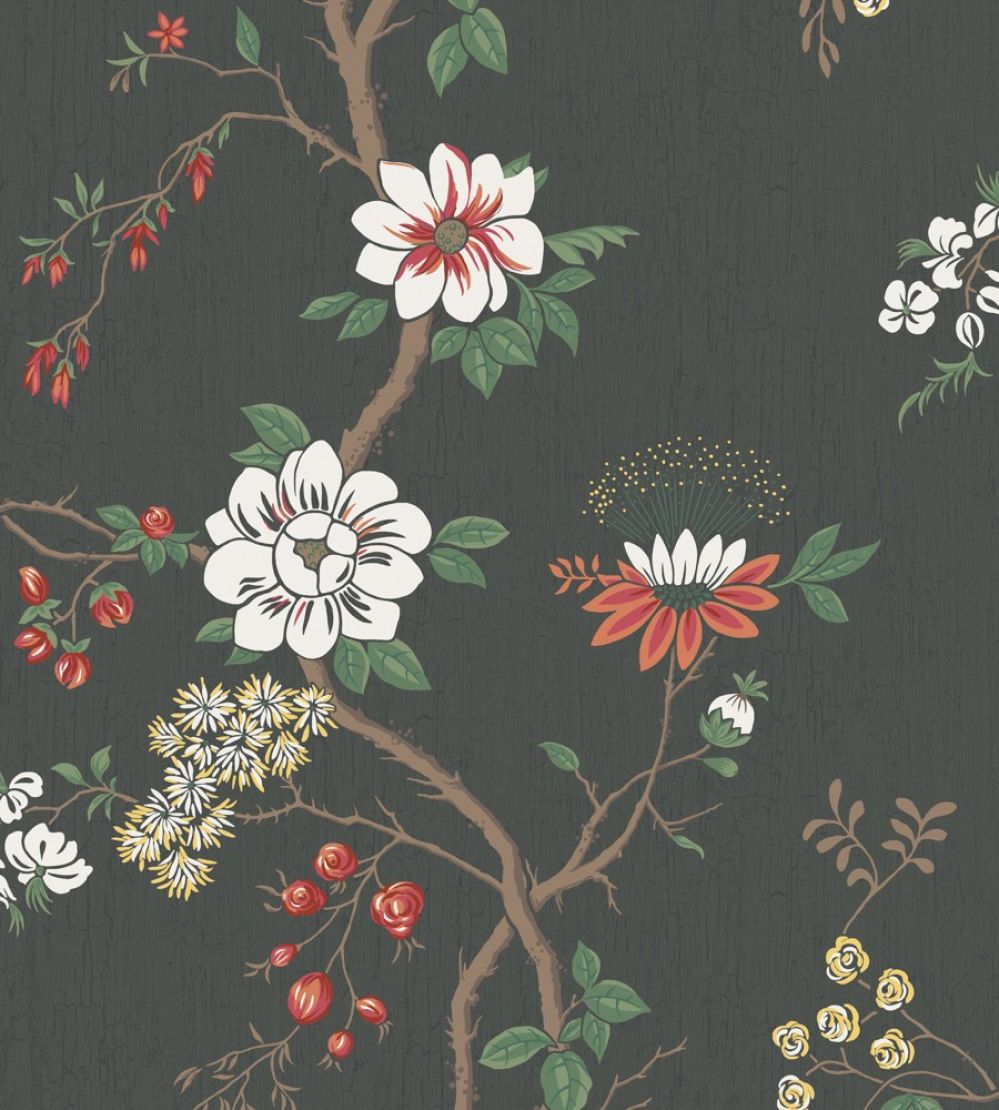 Camellia Wallpaper by Cole & Son White & Red on Charcoal