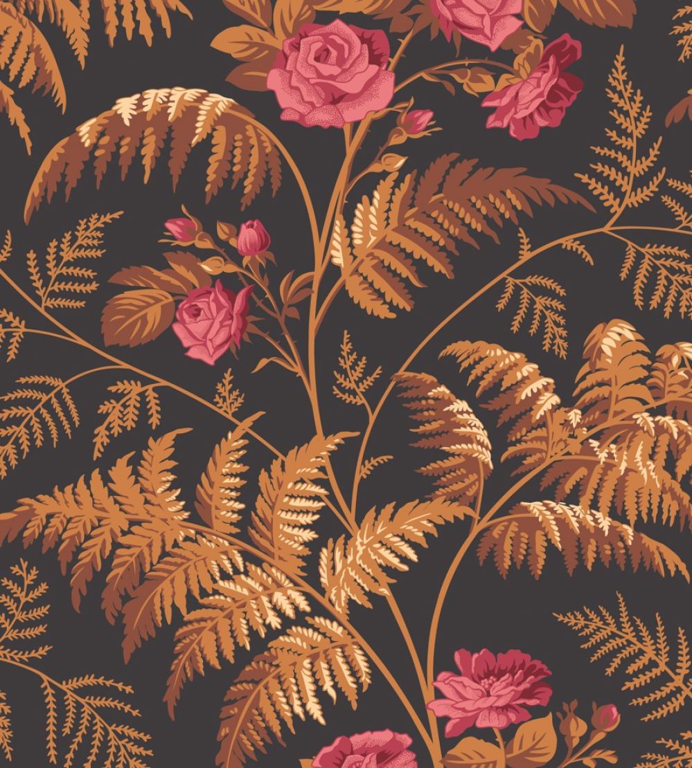Rose Wallpaper by Cole & Son Cerise & Burnt Orange on Black